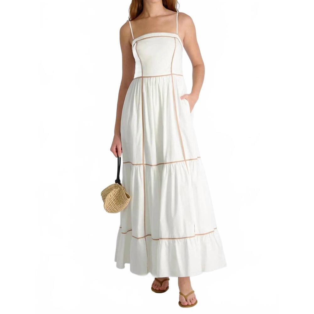 NEW FRENCH CONNECTION cambria contrast trim maxi dress in summer white/almond nu - Picture 1 of 5